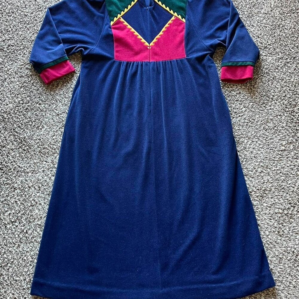 Vintage 80s Vanity Fair Women Medium Blue Fleece Dress Granny Cottagecore USA
